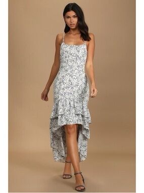 Lulus Cheery Attitude White Floral Print Ruffled High-Low Maxi Dress